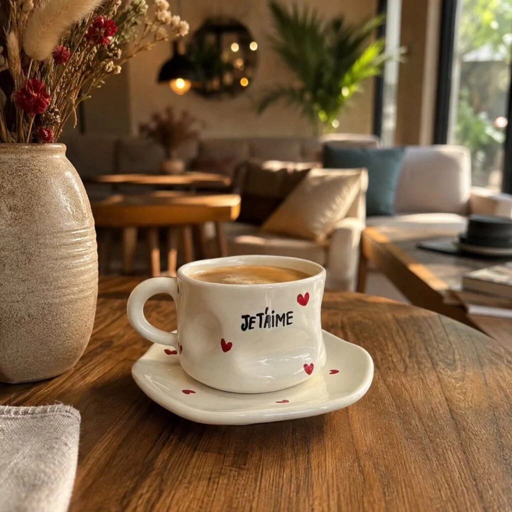 Tasse en céramique fait main Ceramica+ avec motif cœur peint à la main, exemple du charme irrégulier de la poterie artisanale