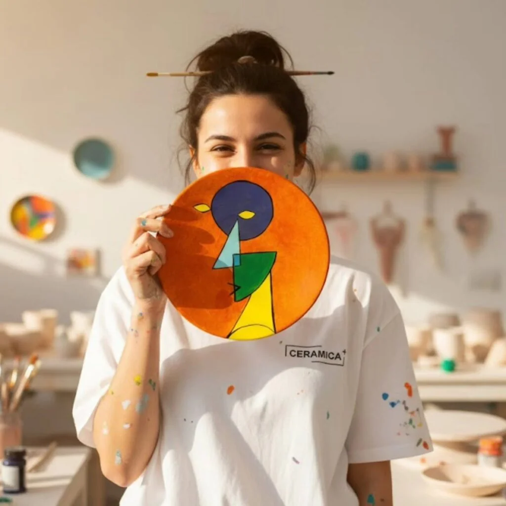 Artisan de l'atelier Ceramica+ tenant une assiette en céramique fait main peinte à la main, savoir-faire artisanal tunisien